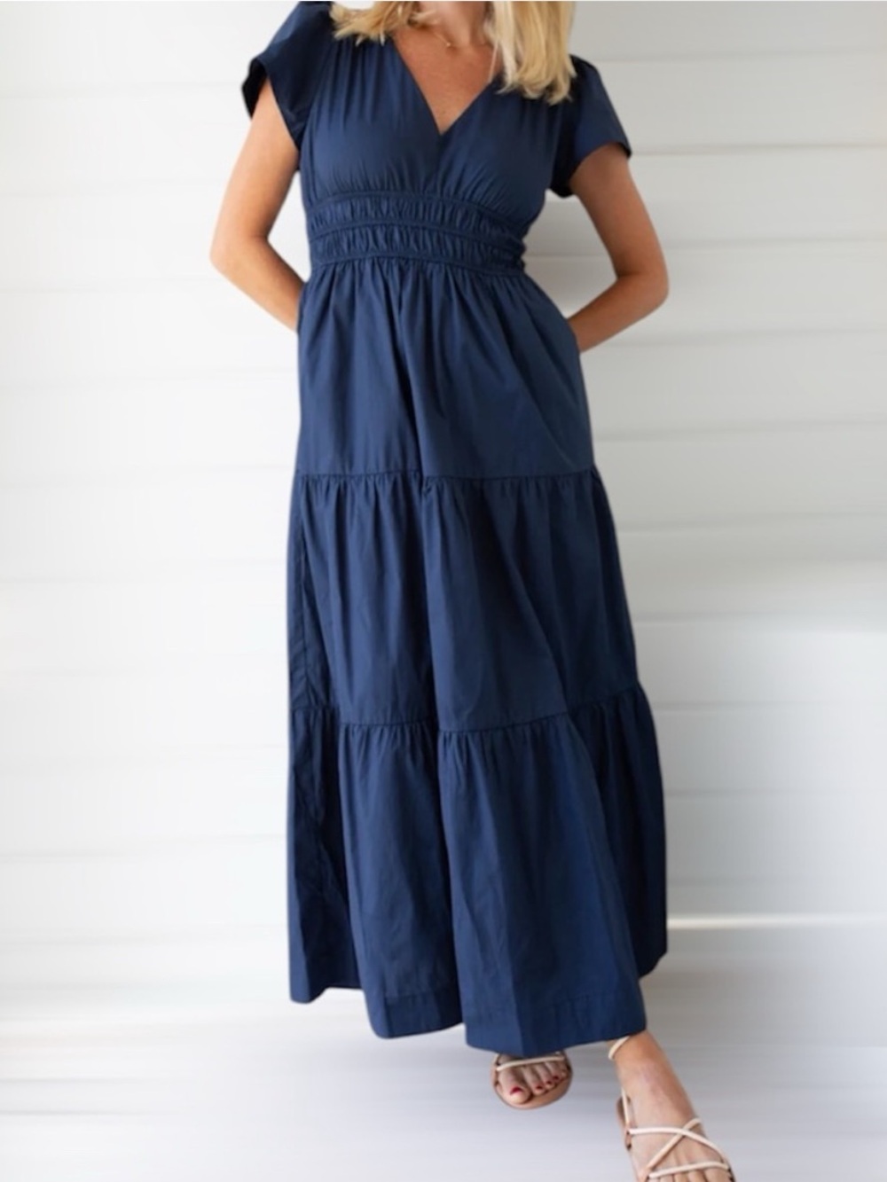 Marea Large Annabelle Midi Dress Navy Short Sleeve V Neck Cottage Preppy Modest